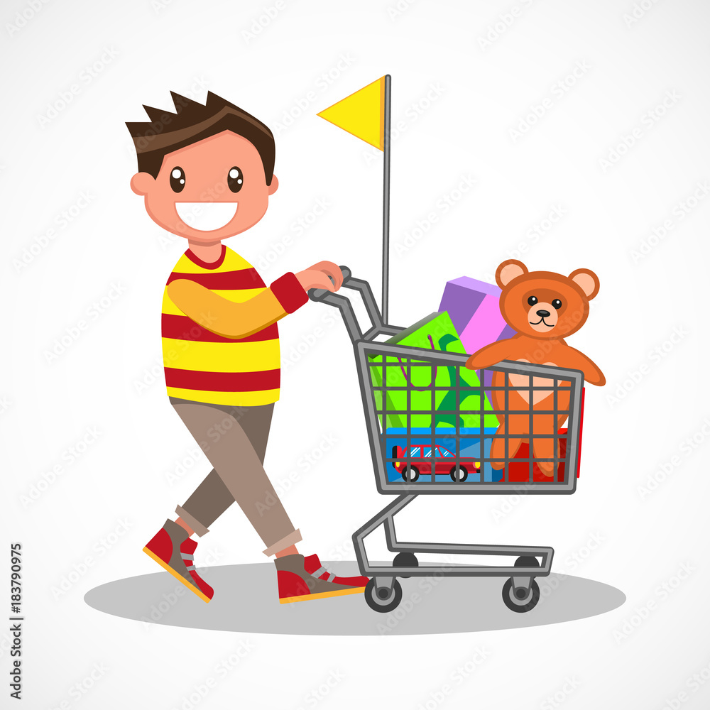 Vecteur Stock Happy boy with shopping. Young buyer with his shopping ...